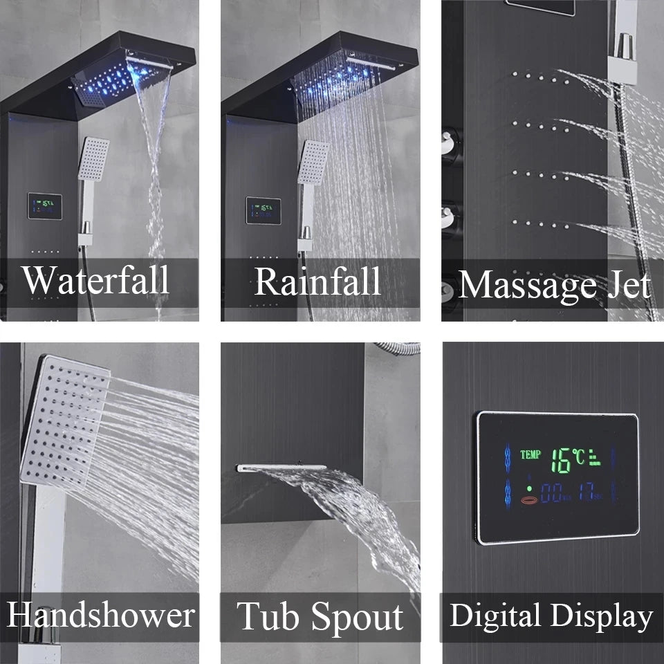 Digital Display Rainfall Shower Faucet Panel | Bathroom SPA Massage Jet System with Bidet Sprayer
