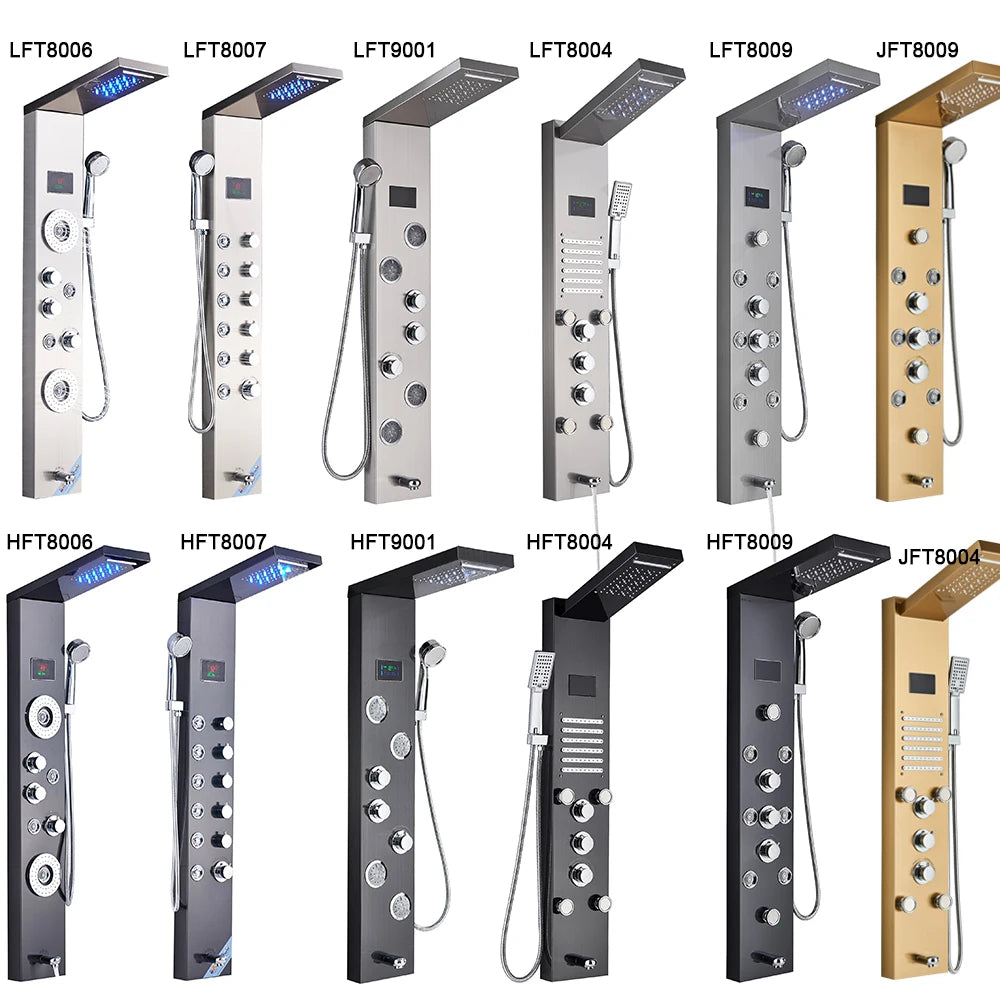 LED Bathroom Shower Panel Column Golden Rain Waterfall Faucet Set with SPA Massage Jets