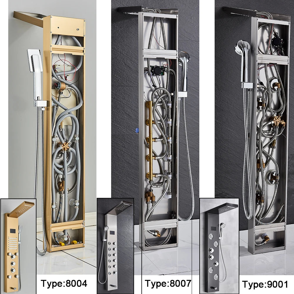 LED Bathroom Shower Panel Column Golden Rain Waterfall Faucet Set with SPA Massage Jets