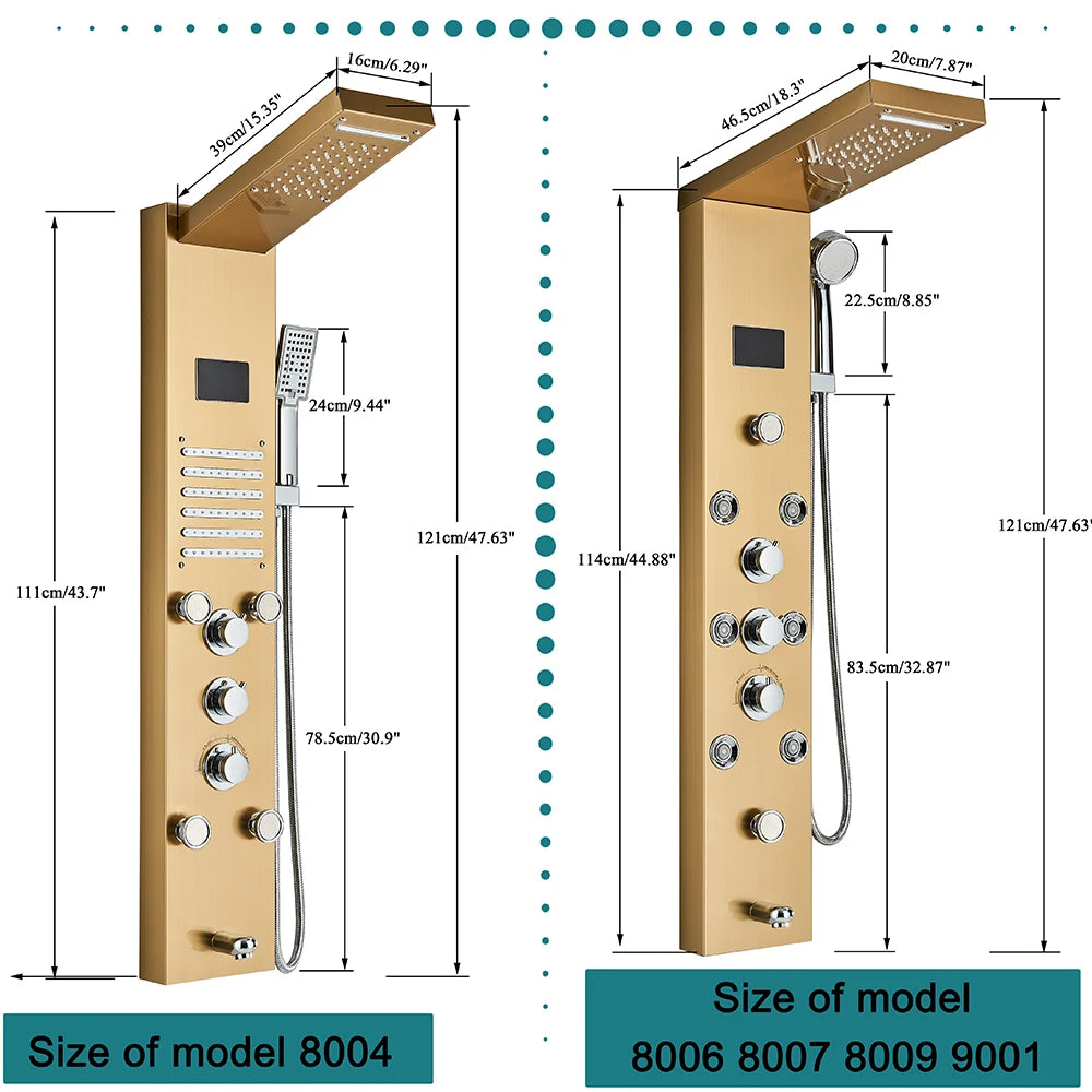 LED Bathroom Shower Panel Column Golden Rain Waterfall Faucet Set with SPA Massage Jets