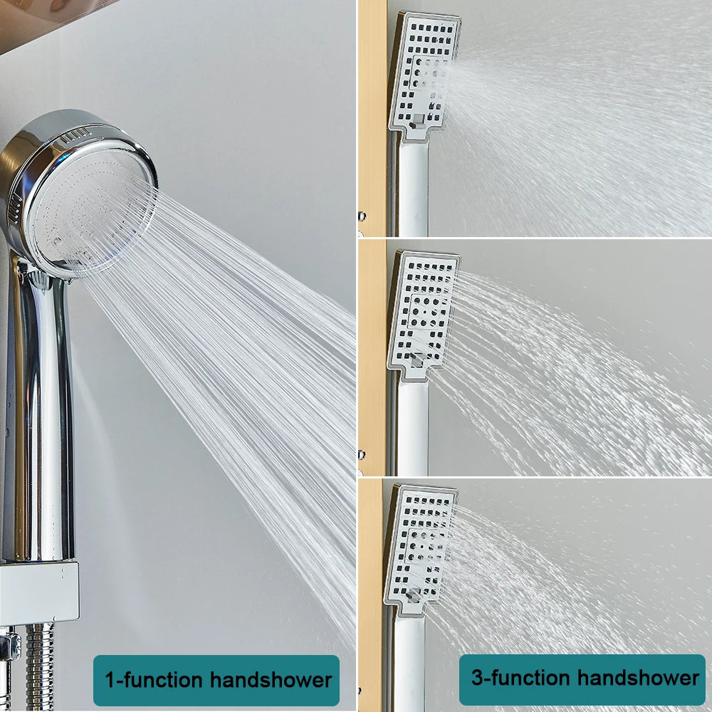 LED Bathroom Shower Panel Column Golden Rain Waterfall Faucet Set with SPA Massage Jets