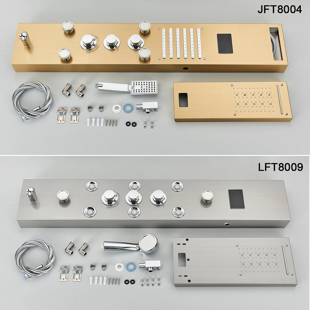 LED Bathroom Shower Panel Column Golden Rain Waterfall Faucet Set with SPA Massage Jets