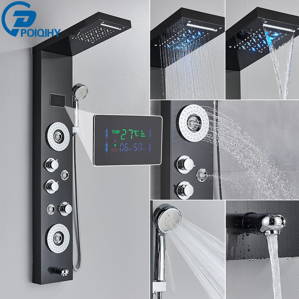 LED Bathroom Shower Panel Column Golden Rain Waterfall Faucet Set with SPA Massage Jets