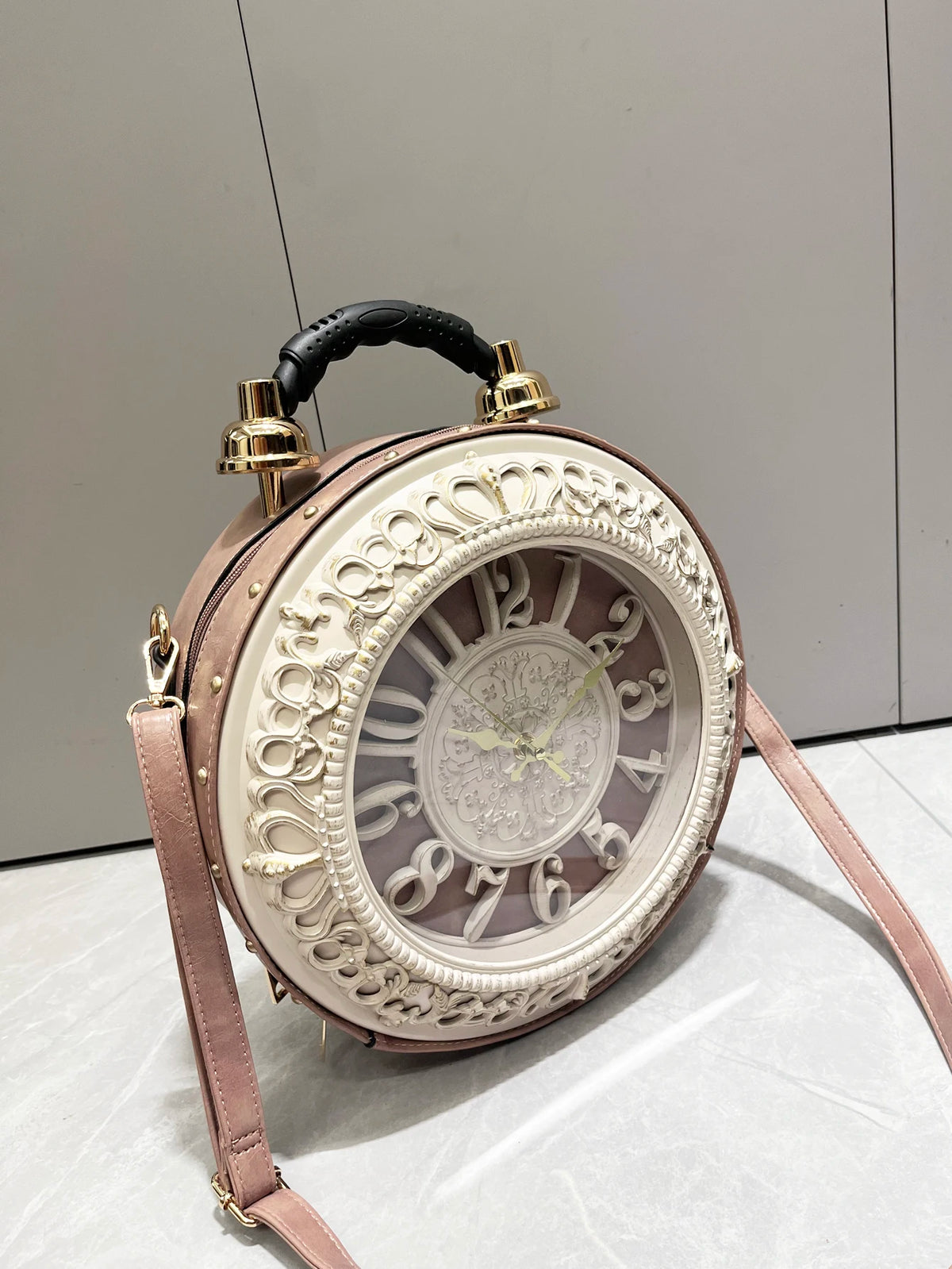 Vintage Clock-Shaped PU Leather Crossbody Handbag