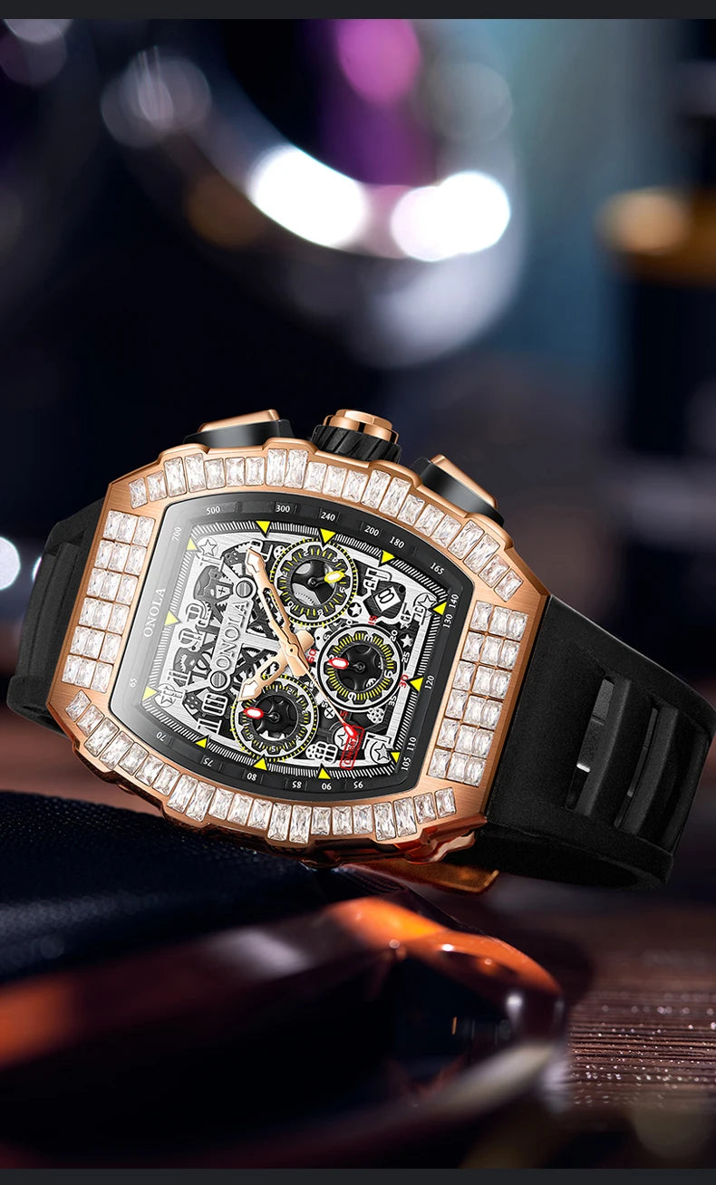 ONOLA Luxury Automatic Men’s Watch | Iced-Out Skeleton Dial Italian Design | Sport & Military Mechanical Wristwatch