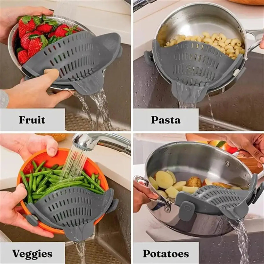 Snap-On Silicone Pot Strainer | Universal Adjustable Clip-On Food Strainer for Pots, Pans & Bowls
