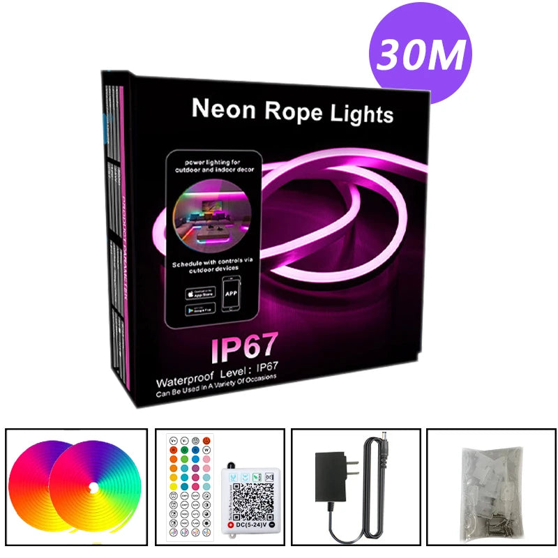 DC24V RGB LED Neon Rope Lights | Flexible Color Changing Music Sync App Control Strip