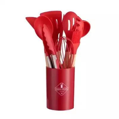 12PCS Silicone Non-Stick Kitchen Utensil Set with Wooden Handles
