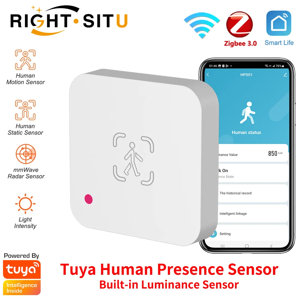 RIGHTSITU Tuya Zigbee/WiFi Human Presence Sensor | mmWave Radar Detector with Built-In Luminance Sensor