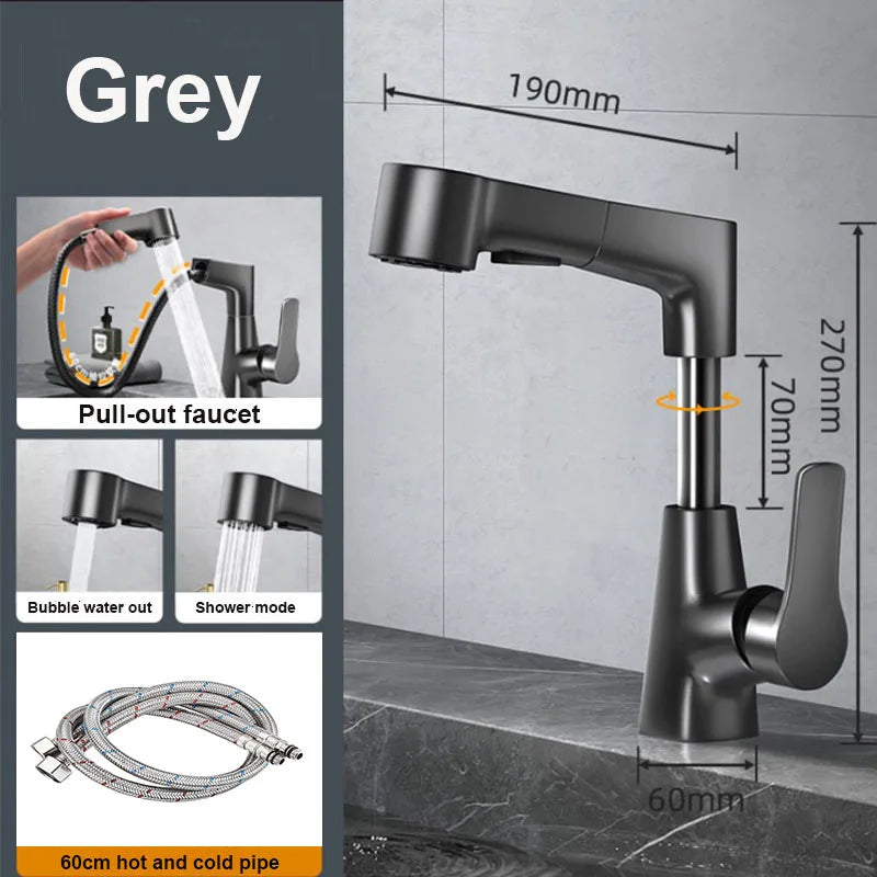 Pull-Out Brass Bathroom Basin Faucet Dual-Function Rotating Smart Water Tap