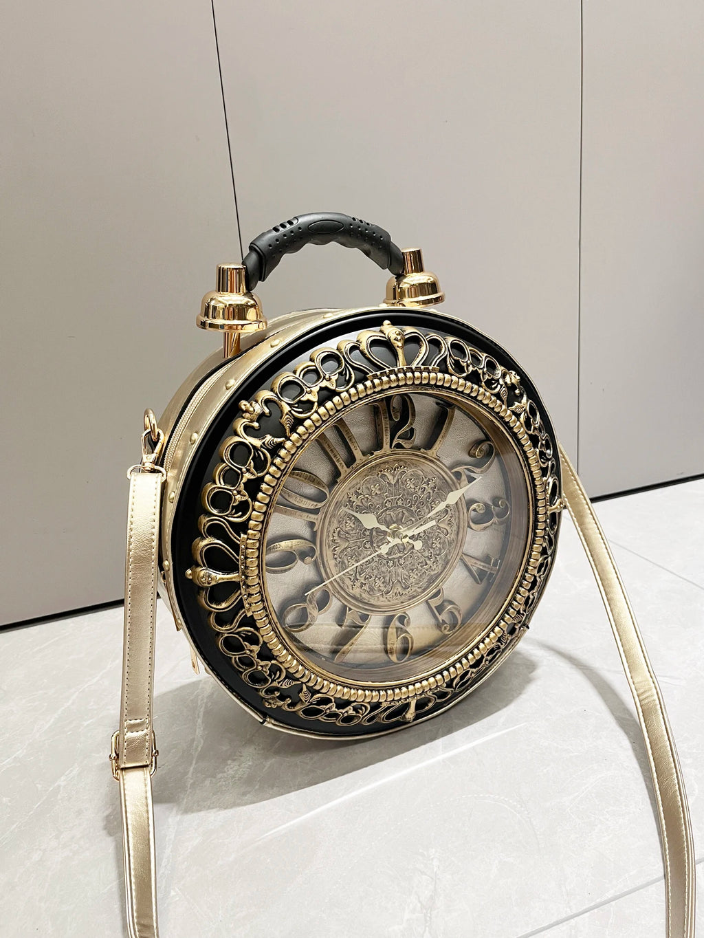Vintage Clock-Shaped PU Leather Crossbody Handbag