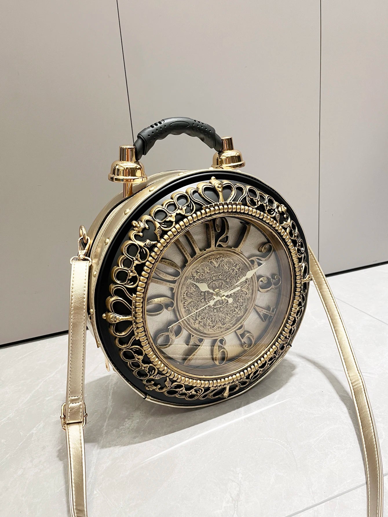 Vintage Clock-Shaped PU Leather Crossbody Handbag