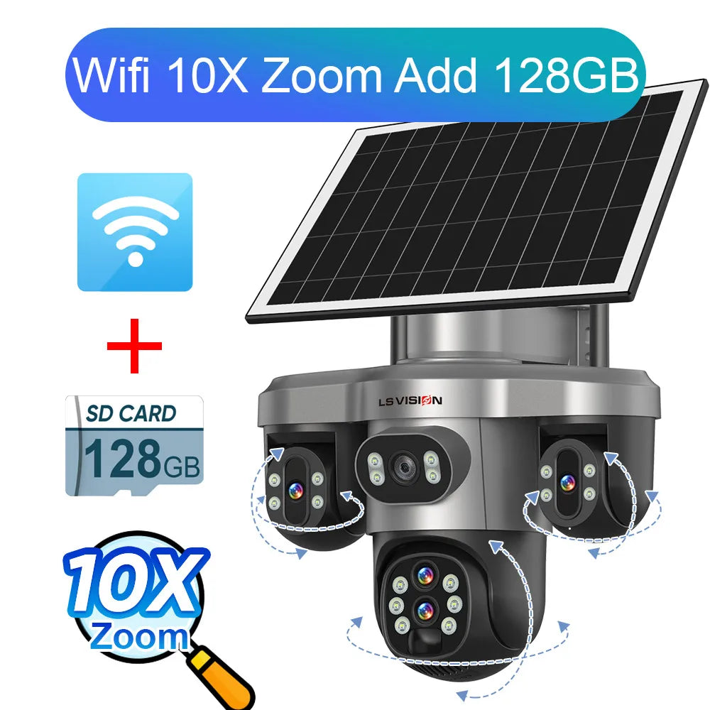LS VISION 20MP 10X Optical Zoom Three PTZ Lens Solar Security Camera