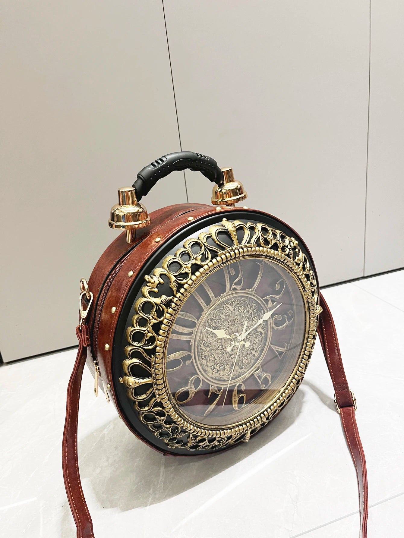 Vintage Clock-Shaped PU Leather Crossbody Handbag