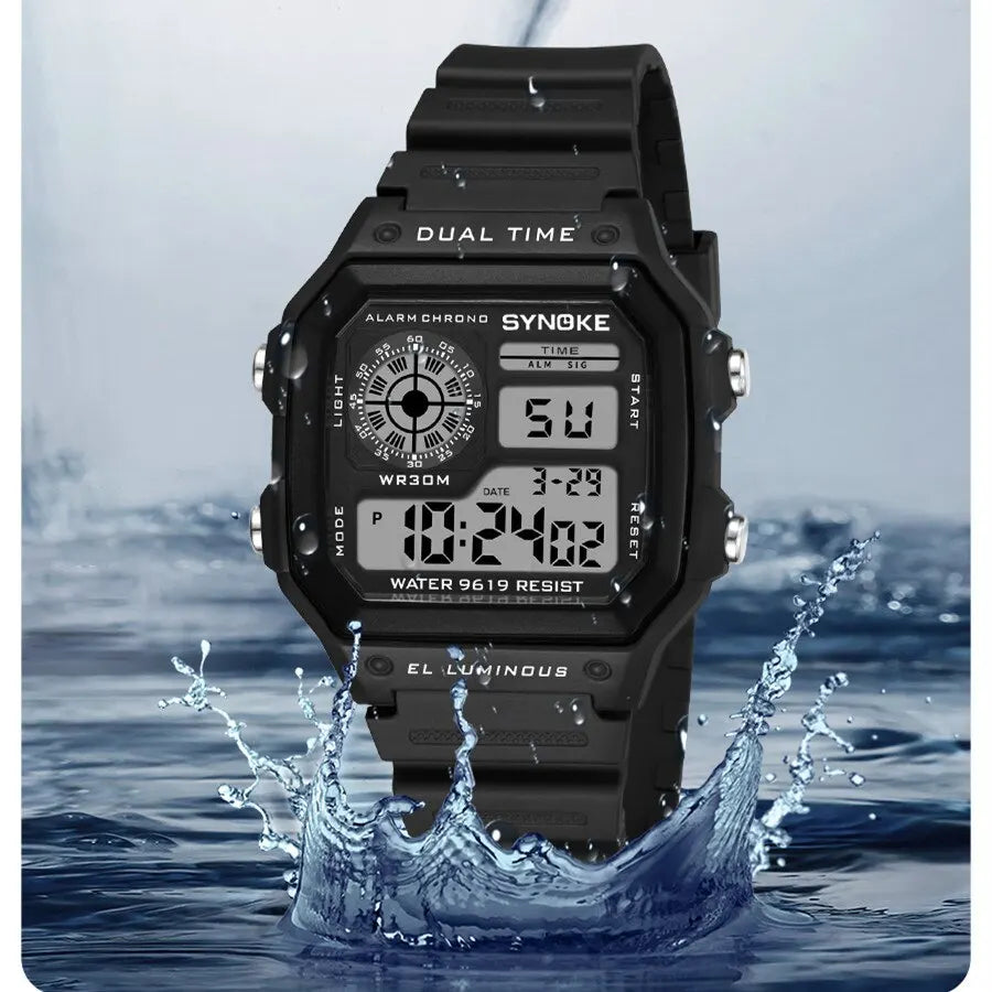 SYNOKE Men's Military Digital Sports Watch | Waterproof Chronograph with EL Luminous Display & Square Rubber Case