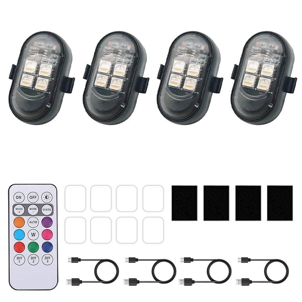 Wireless Remote Control 4LED Strobe Lights Waterproof USB Rechargeable Warning Lamp Set