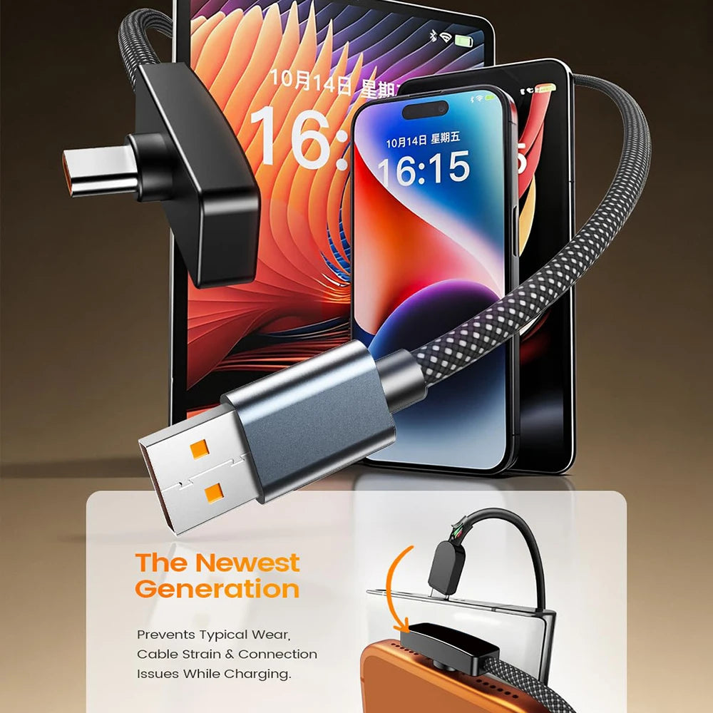 90-Degree Right Angle USB Type-C Cable | 100W Fast Charging Braided Data Wire for iPhone, Samsung & Xiaomi