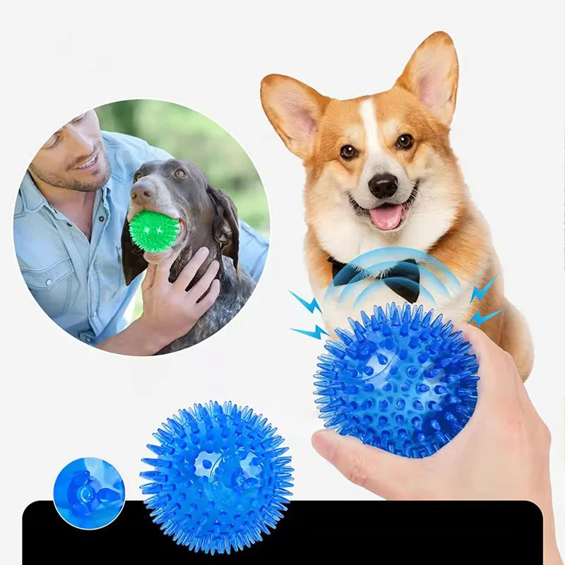Durable squeaky spiked dog ball for teeth cleaning and play.