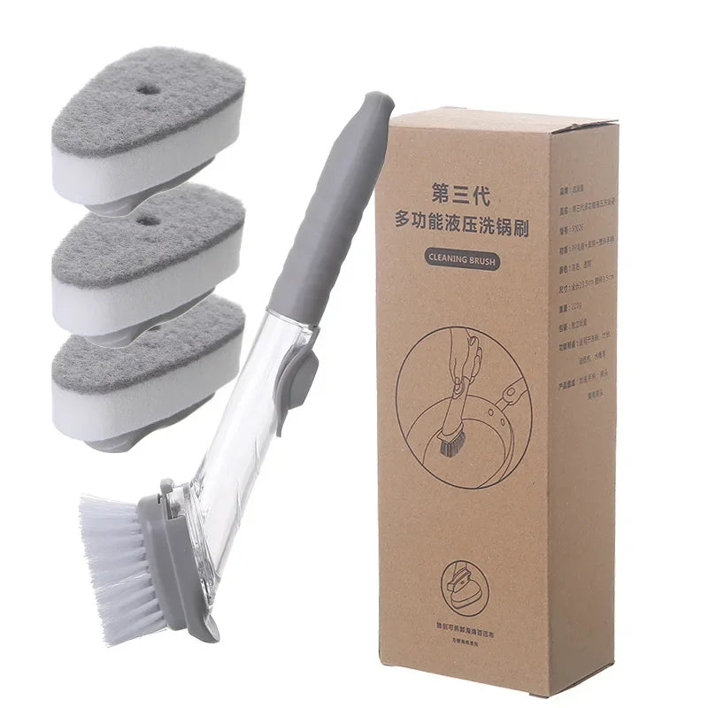 2-in-1 Soap Dispensing Dish Brush Set | Long Handle Kitchen Scrubber with Replaceable Sponge Heads