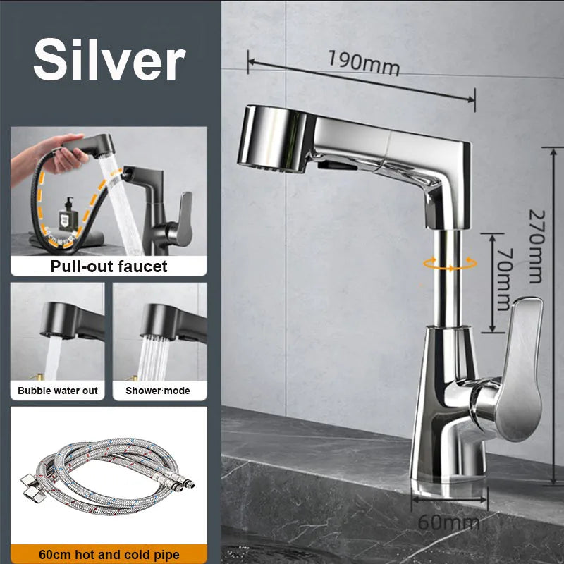 Pull-Out Brass Bathroom Basin Faucet Dual-Function Rotating Smart Water Tap