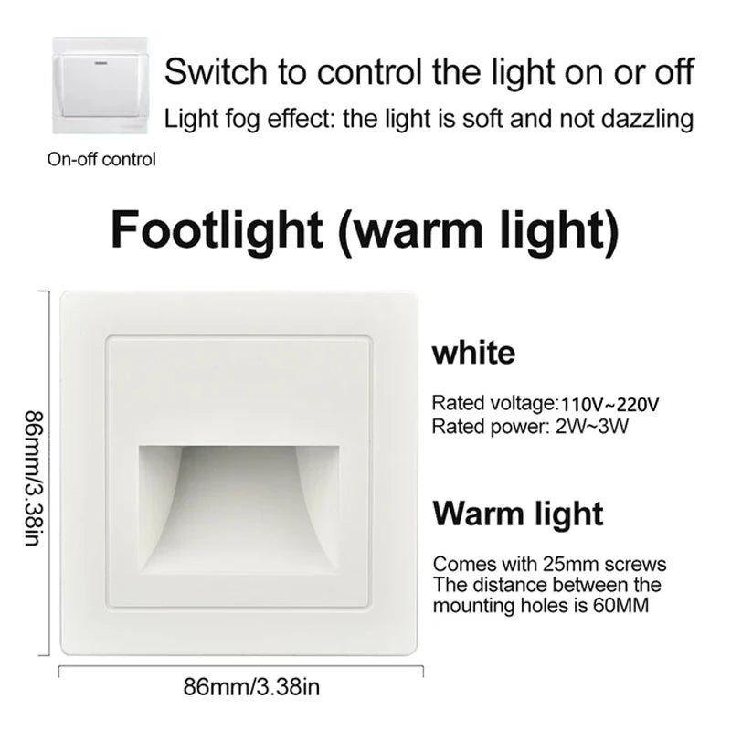 PIR Motion Sensor LED Night Light | Recessed Footlight for Walls & Staircases (AC 110–240V)