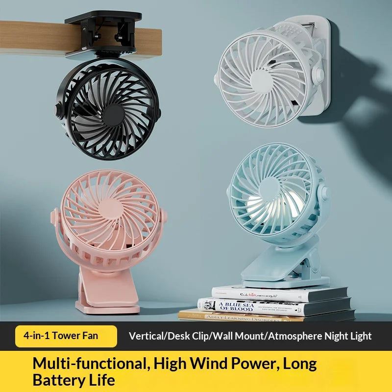 HOMEFISH Portable Clip Fan 720° – Rechargeable, Hanging & Integrated Night Light