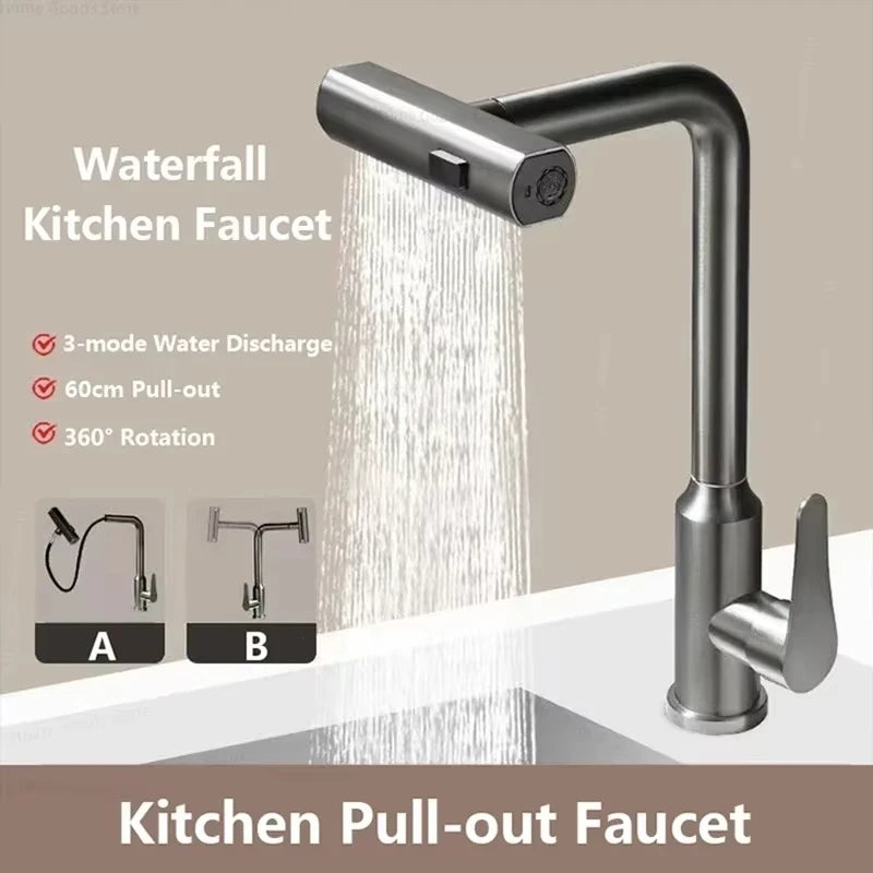 Waterfall Kitchen Pull-Out Faucet 3-Mode Flexible Sink Mixer Tap Stainless Steel