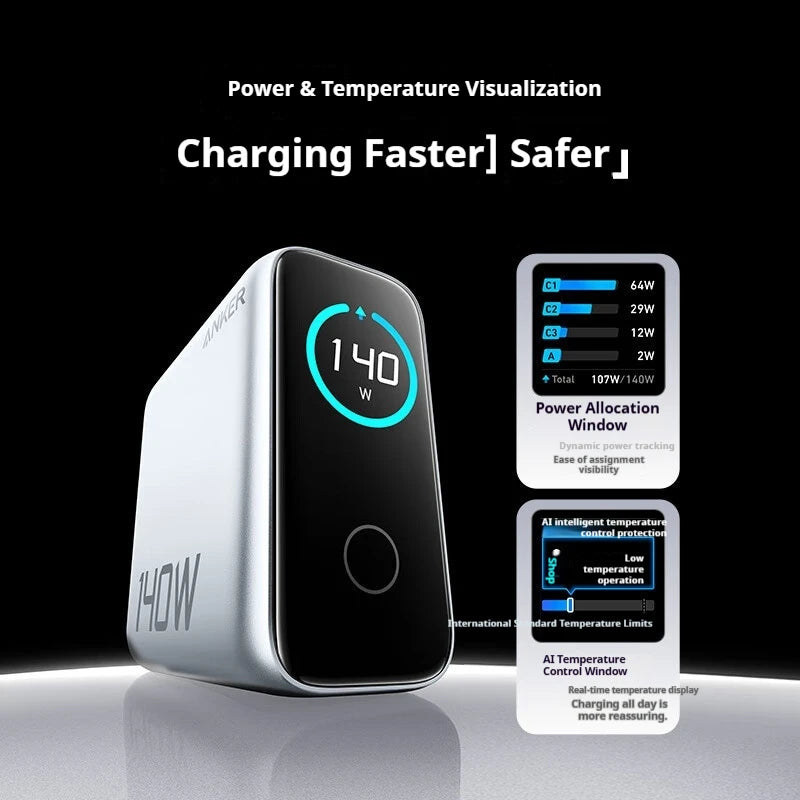 Anker Zolo 140W GaN Fast Charger | Four-Port Wall Adapter with AI Smart Display Screen