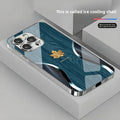 Gold Maple Leaf Wood Grain Curve Pattern Phone Case | Luxury Ice Cooling Tempered Glass Back Cover for iPhone 11 to 18 Pro Max Plus