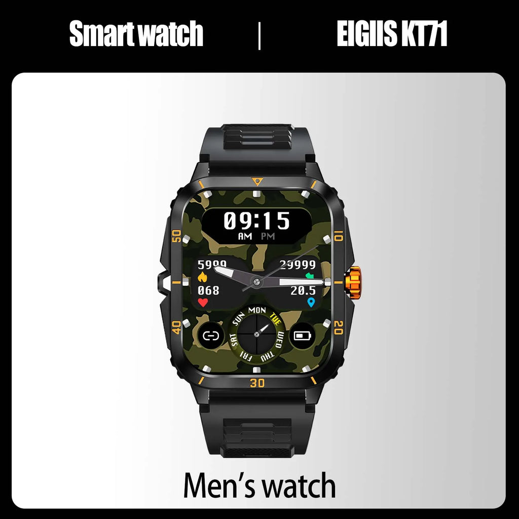 EIGIIS KT71 Rugged Smart Watch for Men | 1.96" HD Screen, Bluetooth Calling & Health Tracking (Black/Orange)