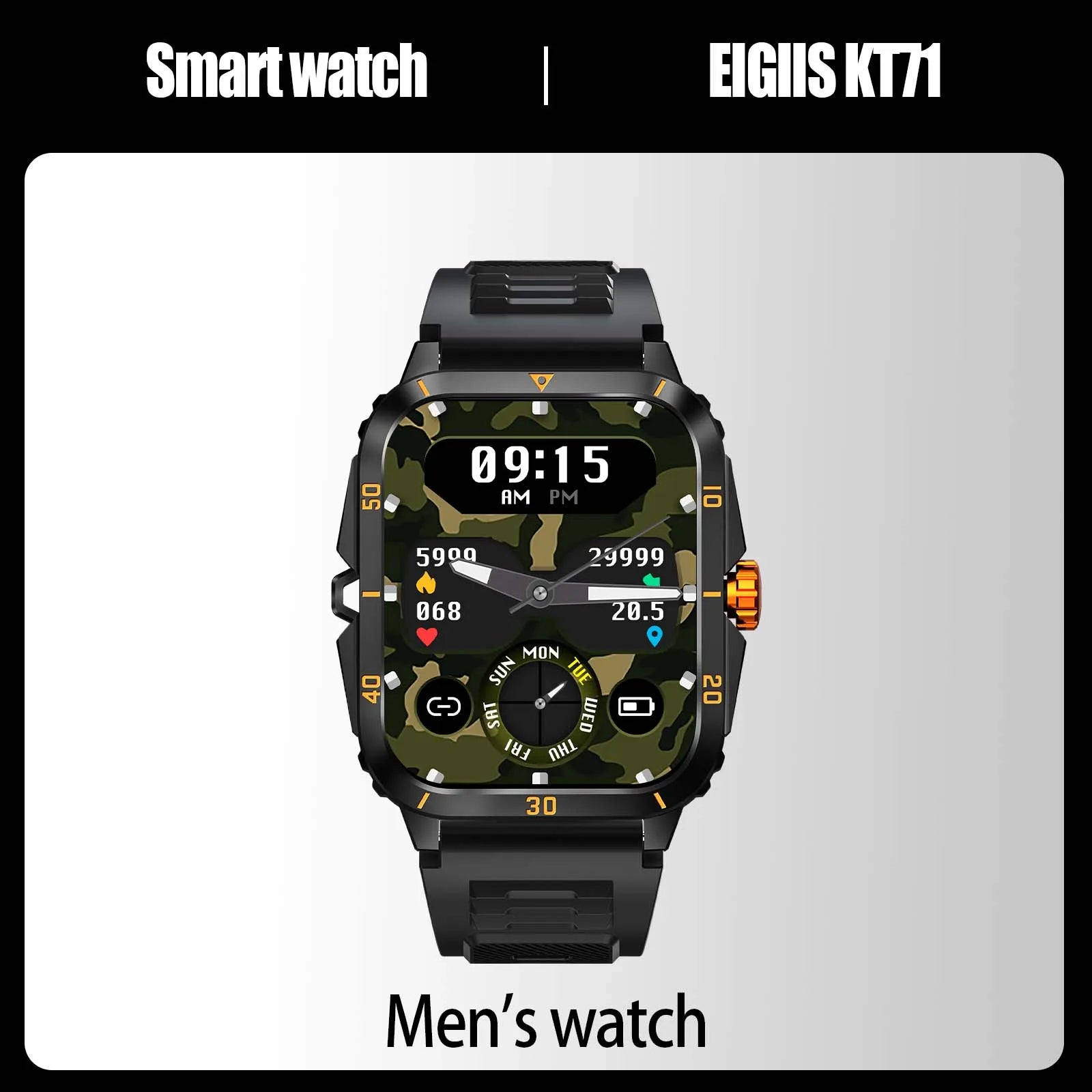 EIGIIS KT71 Rugged Smart Watch for Men | 1.96" HD Screen, Bluetooth Calling & Health Tracking (Black/Orange)