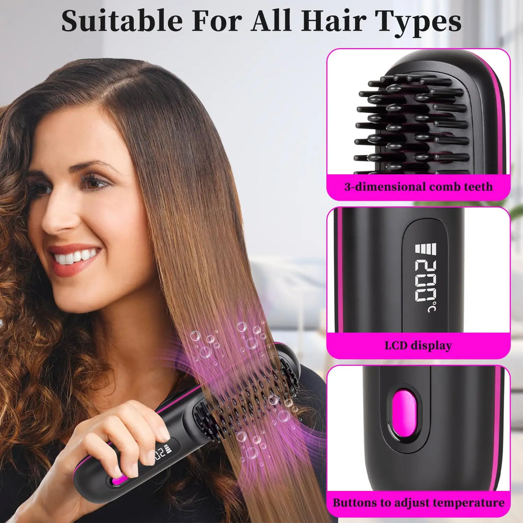 Cordless Hair Straightener Brush | USB Rechargeable Ceramic Straightening Comb