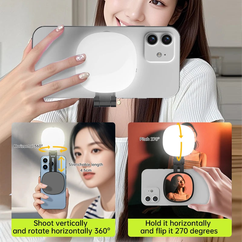 Magnetic Multi-functional Mobile Phone Selfie Mirror | Mini LED Fill Light & Reversible Bracket