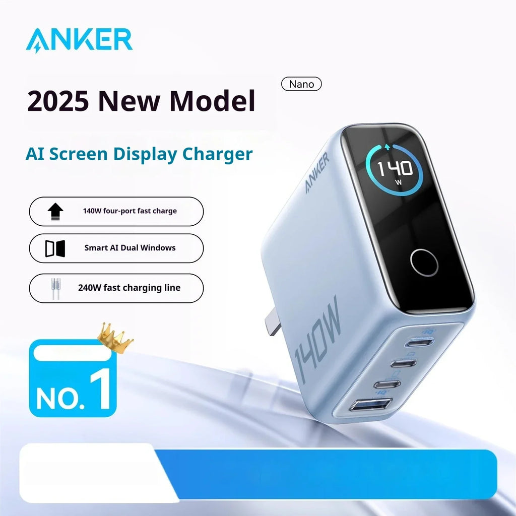 Anker Zolo 140W GaN Fast Charger | Four-Port Wall Adapter with AI Smart Display Screen