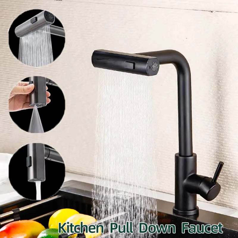 Waterfall Kitchen Pull-Out Faucet 3-Mode Flexible Sink Mixer Tap Stainless Steel