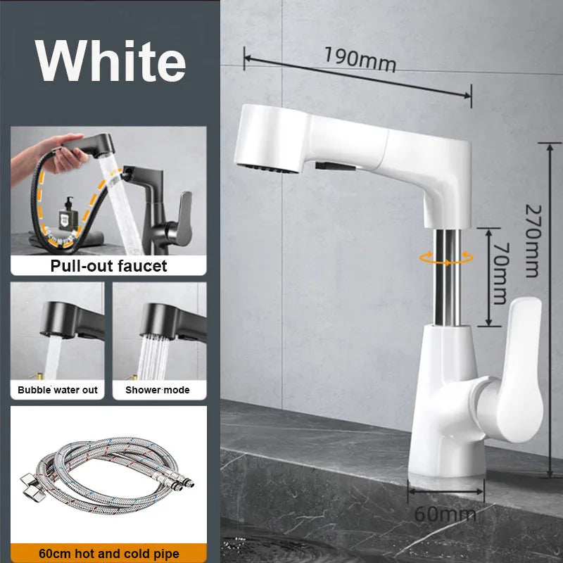 Pull-Out Brass Bathroom Basin Faucet Dual-Function Rotating Smart Water Tap