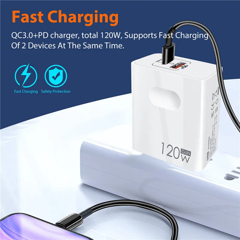120W Fast Charger with USB Type-C PD Cable – Ultra-Speed Power Adapter
