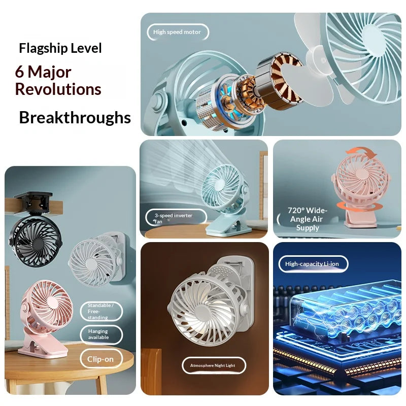 HOMEFISH Portable Clip Fan 720° – Rechargeable, Hanging & Integrated Night Light