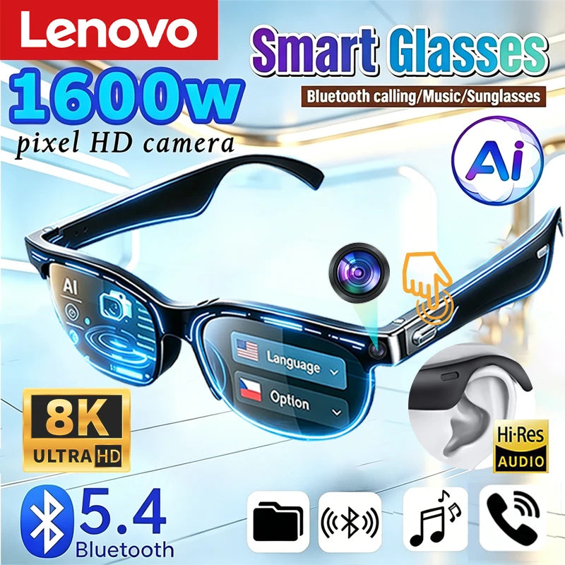 Lenovo AI Smart Glasses | Bluetooth Sunglasses with AI Translation, HD Camera & Music Playback