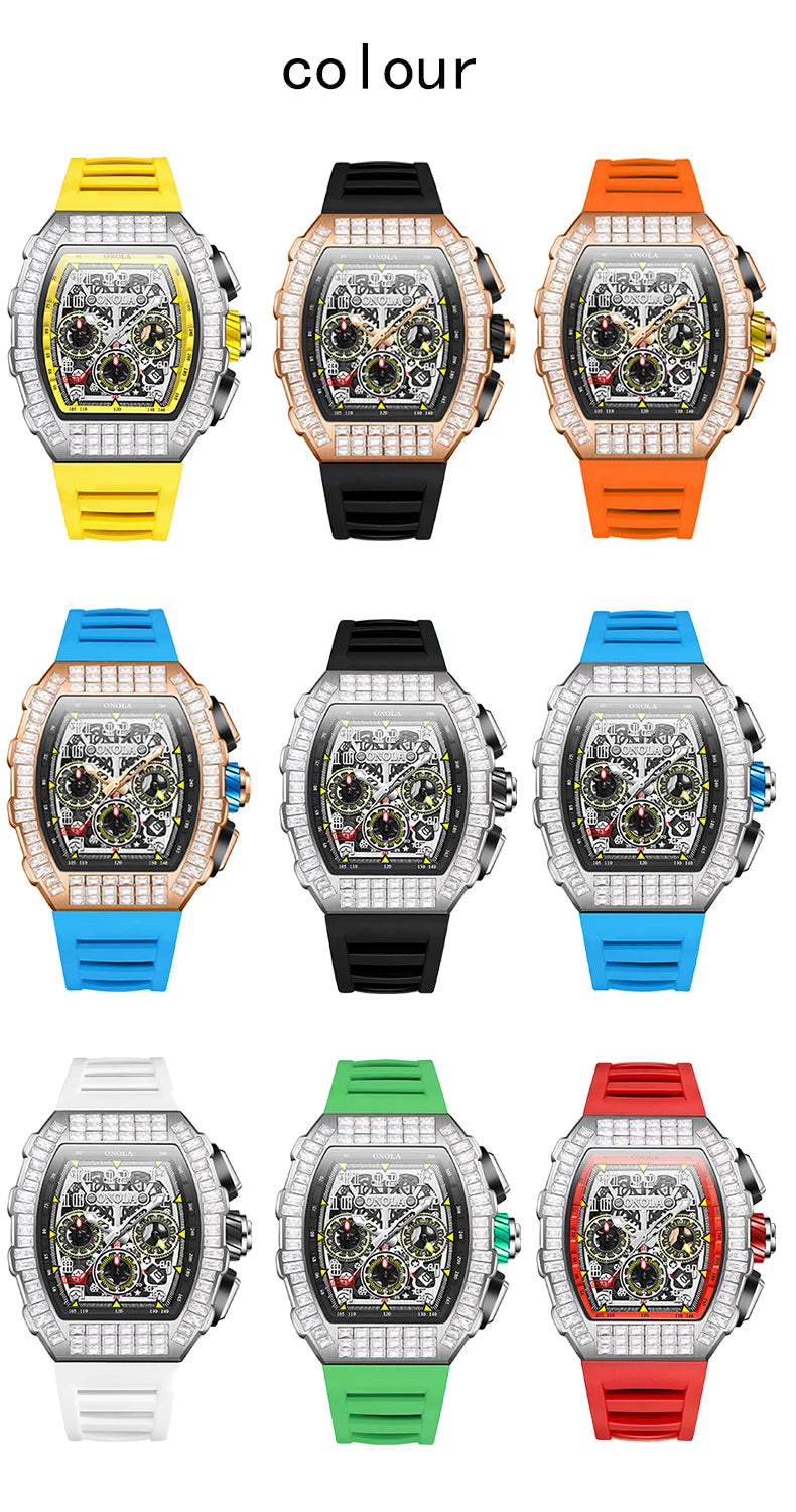 ONOLA Luxury Automatic Men’s Watch | Iced-Out Skeleton Dial Italian Design | Sport & Military Mechanical Wristwatch