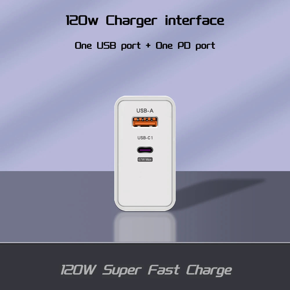 120W Fast Charger with USB Type-C PD Cable – Ultra-Speed Power Adapter