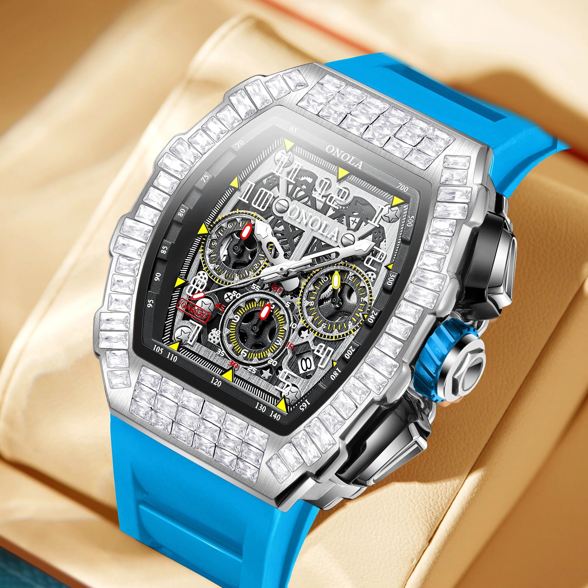 ONOLA Luxury Automatic Men’s Watch | Iced-Out Skeleton Dial Italian Design | Sport & Military Mechanical Wristwatch