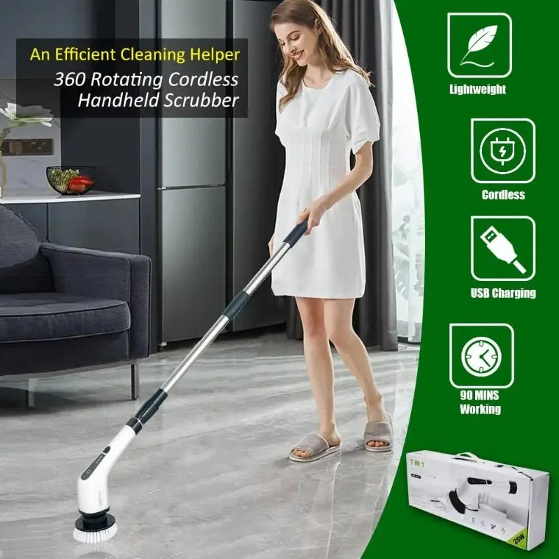 Multi-Function Electric Cleaning Brush – 9 Replacement Heads & Telescopic Rod