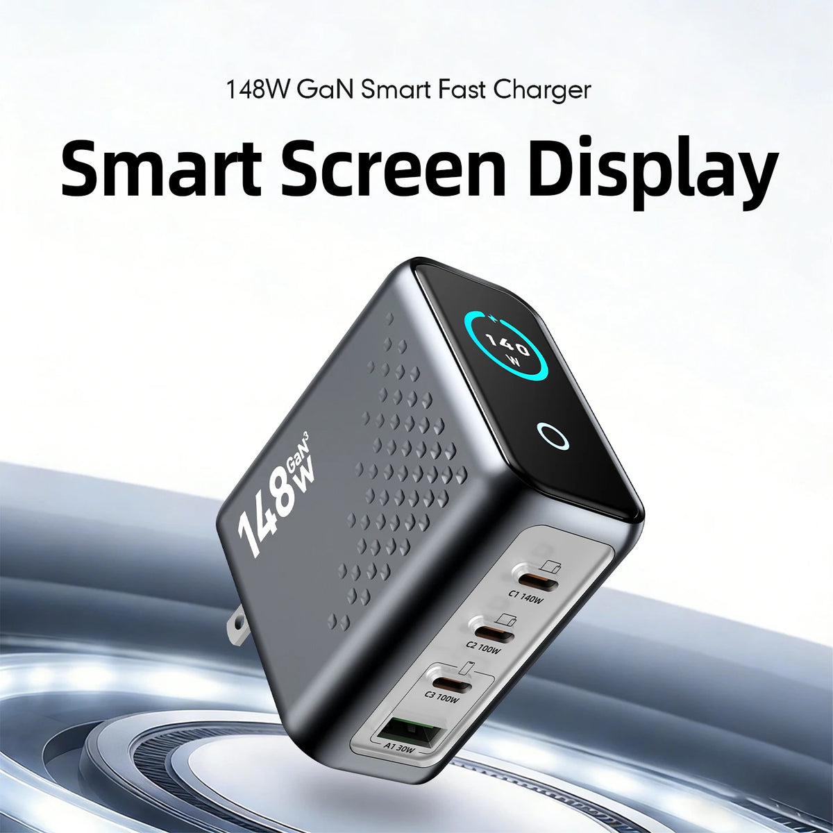 148W GaN Multi-Port Wall Charger with Smart Screen Display | 4-Port Fast Charging Adapter (3C1A) for Laptops, Phones & Tablets