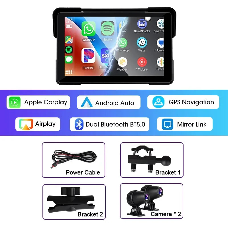 Jansite 5"/7" Motorcycle CarPlay & Android Auto GPS Monitor – IPX7 Waterproof DVR