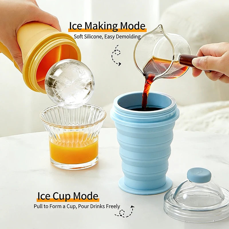 Portable 2-in-1 Folding Silicone Ice Ball Cup | Collapsible Ice Sphere Mold Water Bottle with Straw Lid