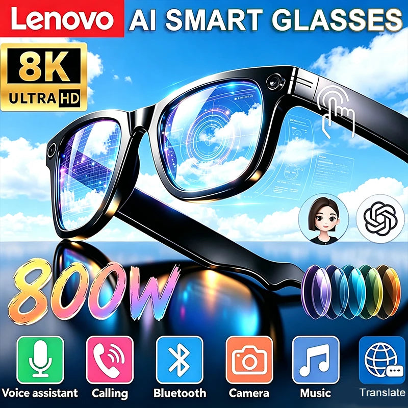 Lenovo Smart AI Glasses | 800W HD 8K Shooting Camera, Bluetooth Voice Call, AI Translation & Audio Smart Wearable