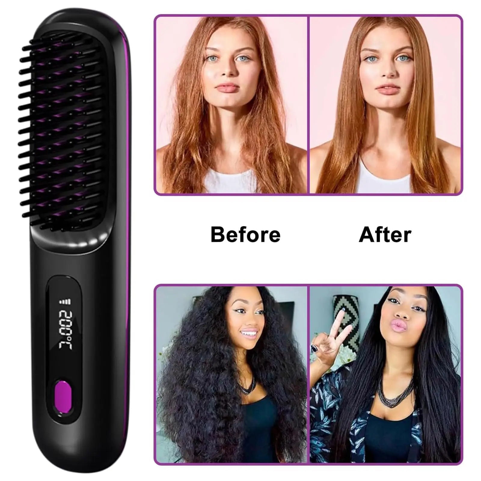 Cordless Hair Straightener Brush | USB Rechargeable Ceramic Straightening Comb