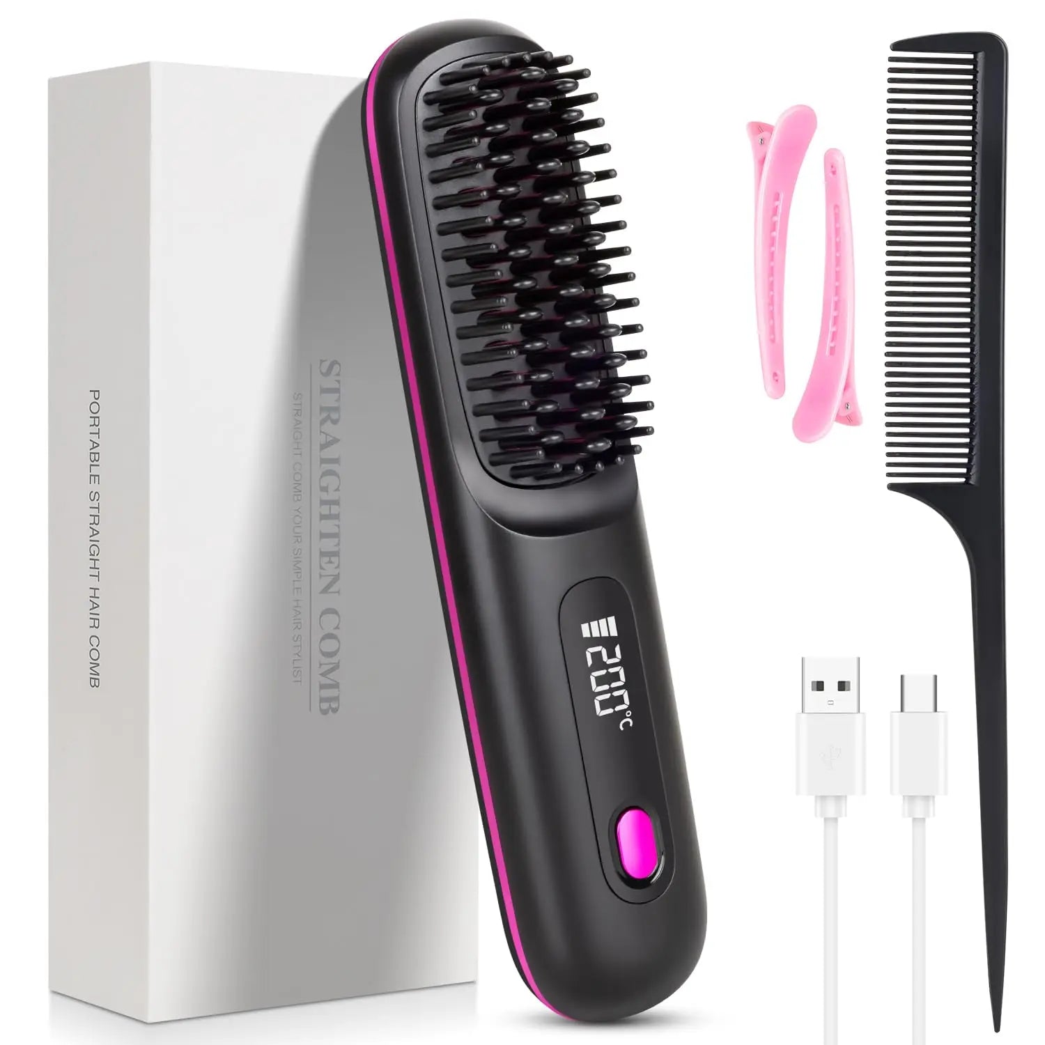 Cordless Hair Straightener Brush | USB Rechargeable Ceramic Straightening Comb