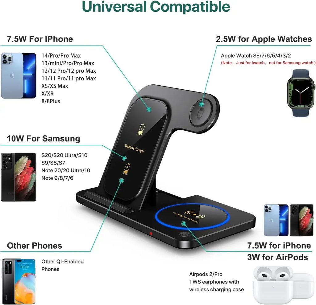 Foldable 30W 3‑in‑1 Wireless Charger for iPhone, Apple Watch & AirPods
